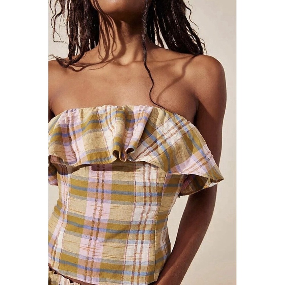 Free People Whitley Top L Women Casual Plaid Strapless‎ Ruffle Blouse